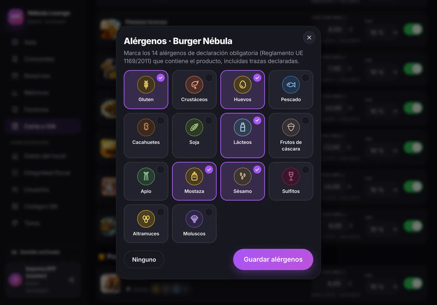Editor de alérgenos de un producto de la carta