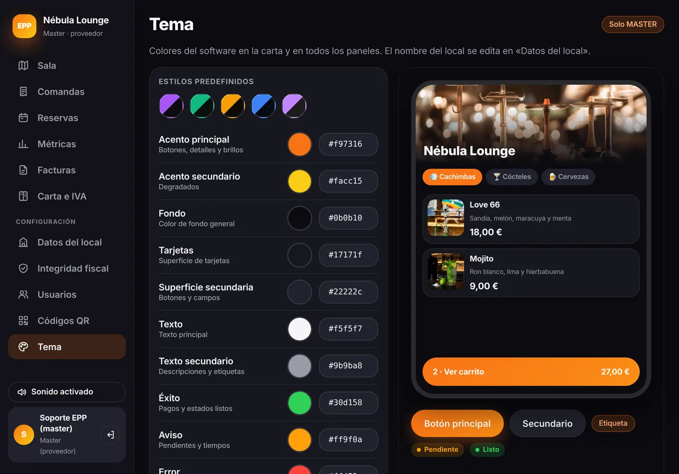 Editor de tema con colores de marca de la carta digital