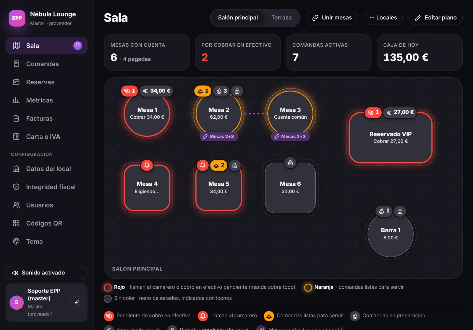 Plano de sala del software con mesas, avisos en rojo y naranja y caja del día