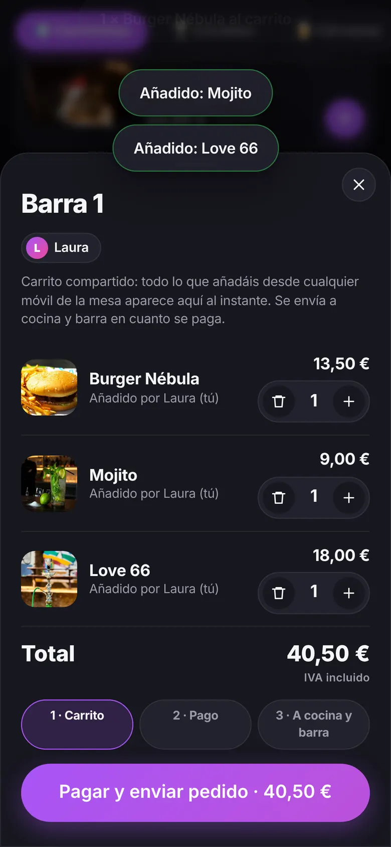 Carrito compartido de la mesa en el móvil