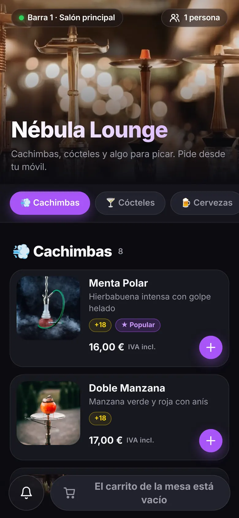 Carta digital en el móvil tras escanear el QR de la mesa